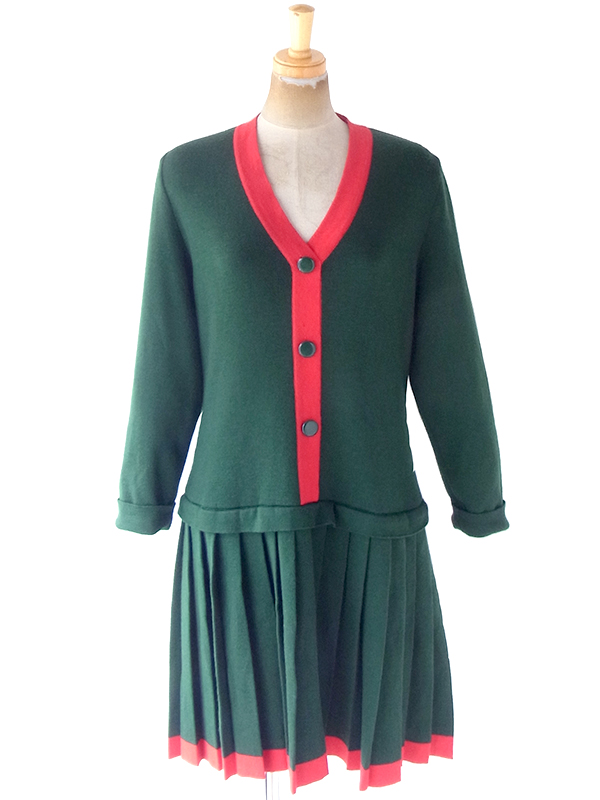 ヨーロッパ古着 ロンドン買い付け 60年代製 グリーン X レッド ドロップウェスト プリーツ ワンピース 20BS109