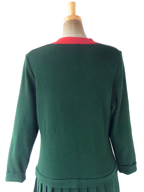 ヨーロッパ古着 ロンドン買い付け 60年代製 グリーン X レッド ドロップウェスト プリーツ ワンピース 20BS109