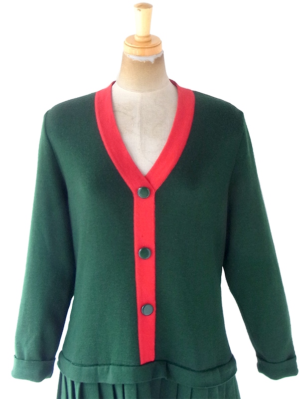 ヨーロッパ古着 ロンドン買い付け 60年代製 グリーン X レッド ドロップウェスト プリーツ ワンピース 20BS109