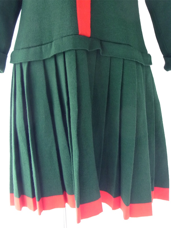 ヨーロッパ古着 ロンドン買い付け 60年代製 グリーン X レッド ドロップウェスト プリーツ ワンピース 20BS109