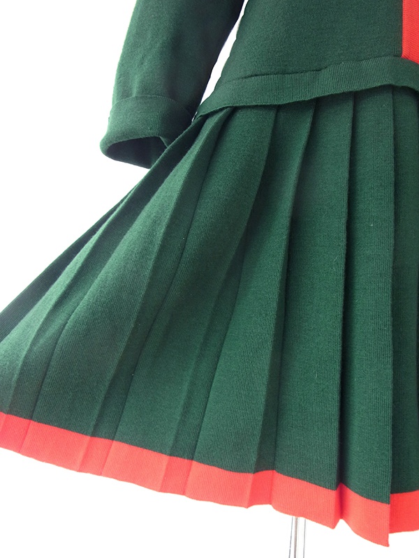 ヨーロッパ古着 ロンドン買い付け 60年代製 グリーン X レッド ドロップウェスト プリーツ ワンピース 20BS109