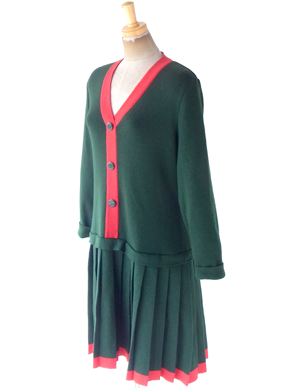 ヨーロッパ古着 ロンドン買い付け 60年代製 グリーン X レッド ドロップウェスト プリーツ ワンピース 20BS109