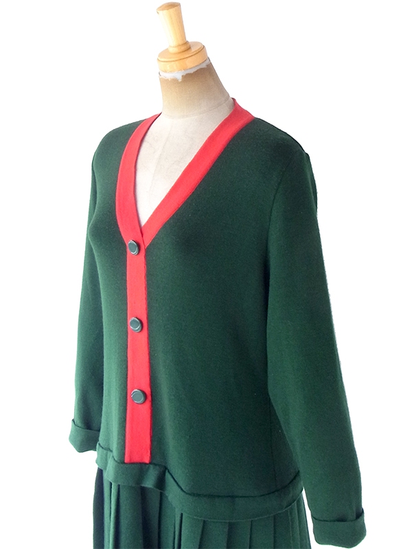 ヨーロッパ古着 ロンドン買い付け 60年代製 グリーン X レッド ドロップウェスト プリーツ ワンピース 20BS109