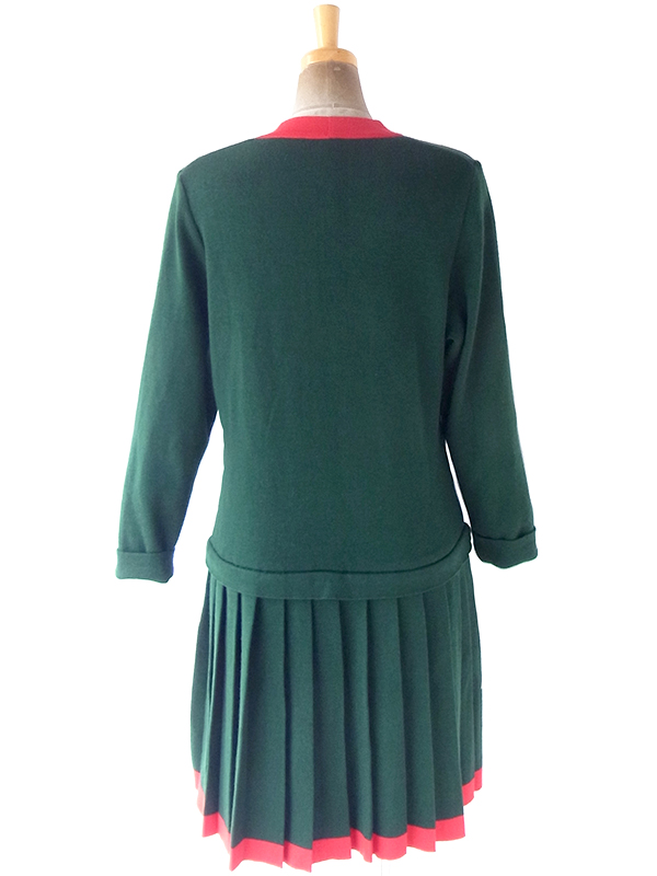 ヨーロッパ古着 ロンドン買い付け 60年代製 グリーン X レッド ドロップウェスト プリーツ ワンピース 20BS109