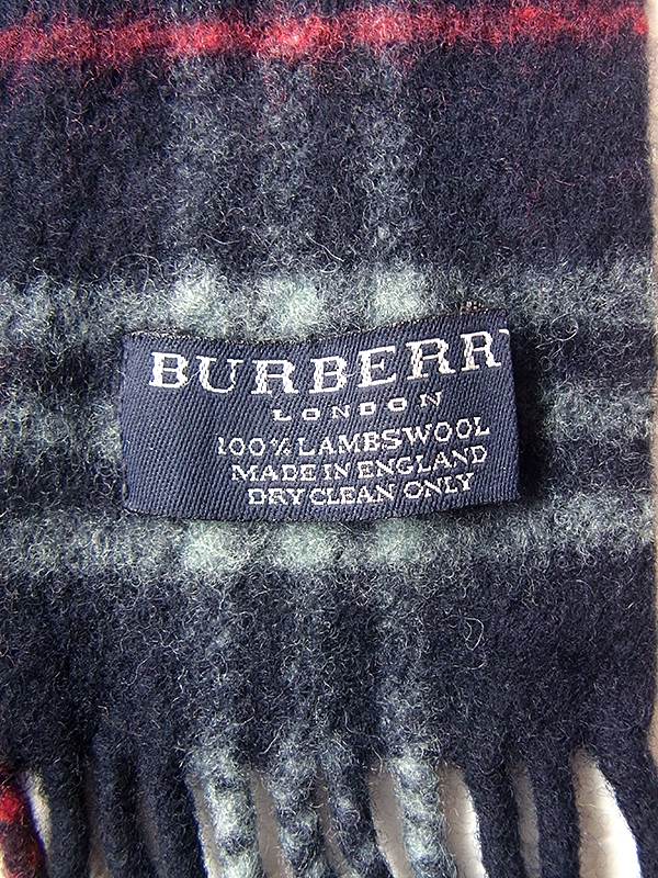 イギリス製 BURBERRY バーバリー X ネイビー・水色・レッド チェック柄 ウール マフラー 20BS128