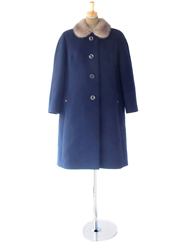ヨーロッパ古着 ロンドン買い付け 60年代製 ネイビー X リアルファー襟 ヴィンテージ コート 20BS202