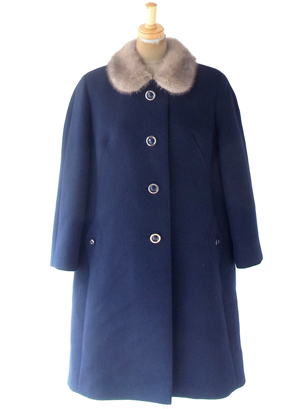 ヨーロッパ古着 ロンドン買い付け 60年代製 ネイビー X リアルファー襟 ヴィンテージ コート 20BS202