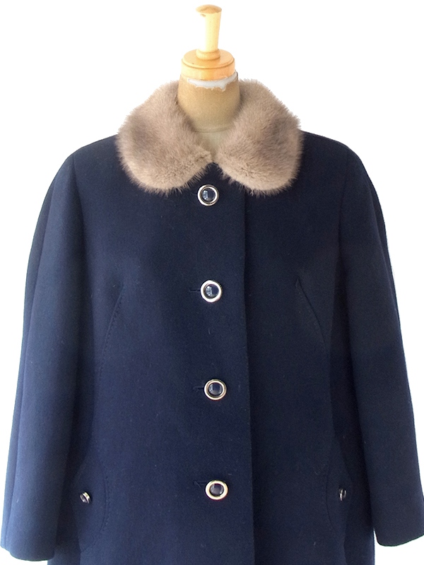 ヨーロッパ古着 ロンドン買い付け 60年代製 ネイビー X リアルファー襟 ヴィンテージ コート 20BS202