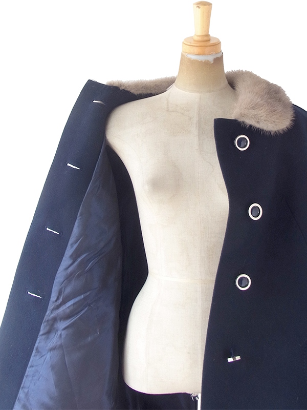 ヨーロッパ古着 ロンドン買い付け 60年代製 ネイビー X リアルファー襟 ヴィンテージ コート 20BS202