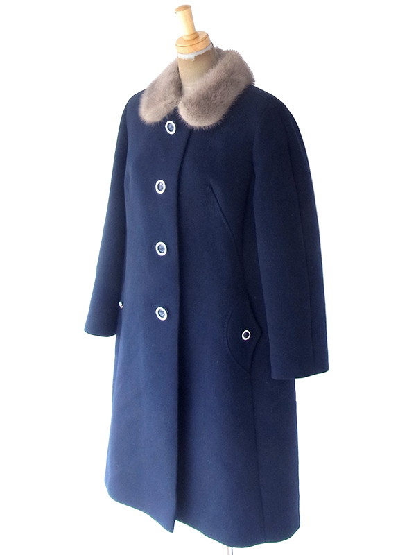 ヨーロッパ古着 ロンドン買い付け 60年代製 ネイビー X リアルファー襟 ヴィンテージ コート 20BS202