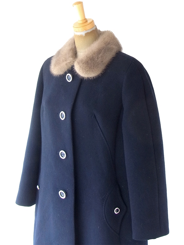 ヨーロッパ古着 ロンドン買い付け 60年代製 ネイビー X リアルファー襟 ヴィンテージ コート 20BS202