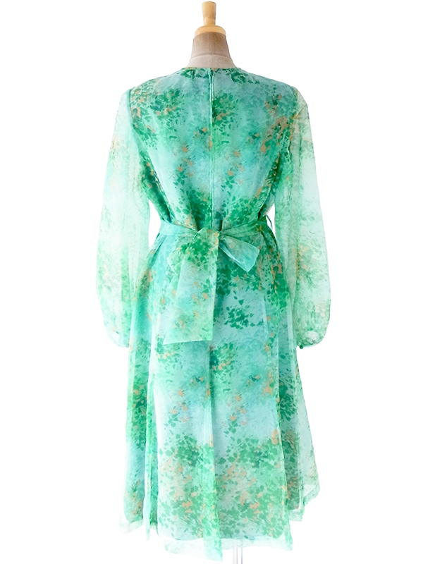 ヨーロッパ古着 ロンドン買い付け 70年代製 エメラルドグリーン X リーフ柄 シフォン生地 共布ベルト付き ワンピース 20BS218