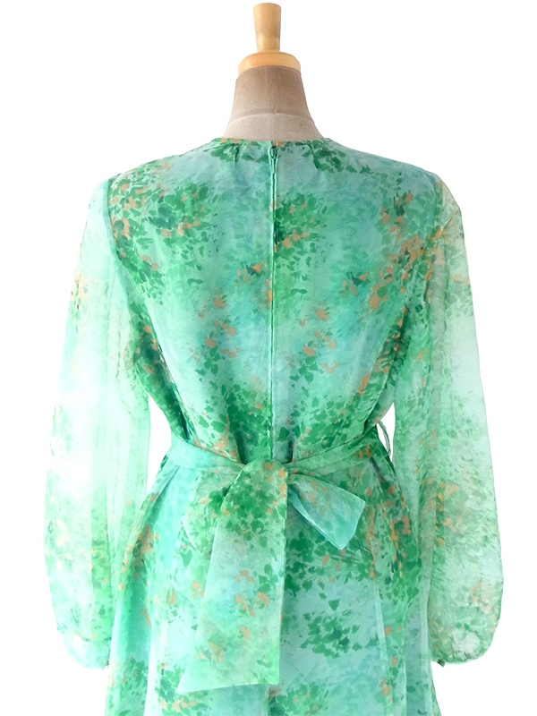 ヨーロッパ古着 ロンドン買い付け 70年代製 エメラルドグリーン X リーフ柄 シフォン生地 共布ベルト付き ワンピース 20BS218