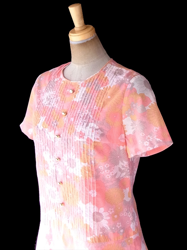 ヨーロッパ古着 ロンドン買い付け 60年代製 ピンク X オレンジ 花柄 タック・ステッチデザイン ワンピース 20FC009