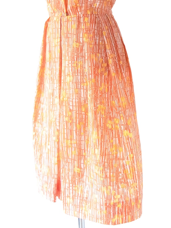 ヨーロッパ古着 70年代フランス製 オレンジ X レッド レトロ柄 ボウタイ プリーツ ワンピース 20FC010