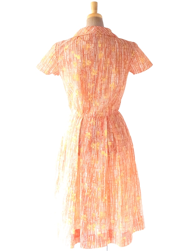 ヨーロッパ古着 70年代フランス製 オレンジ X レッド レトロ柄 ボウタイ プリーツ ワンピース 20FC010