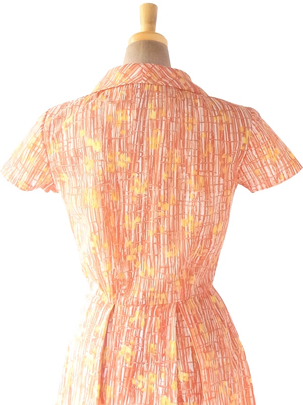 ヨーロッパ古着 70年代フランス製 オレンジ X レッド レトロ柄 ボウタイ プリーツ ワンピース 20FC010