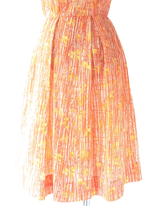 ヨーロッパ古着 70年代フランス製 オレンジ X レッド レトロ柄 ボウタイ プリーツ ワンピース 20FC010