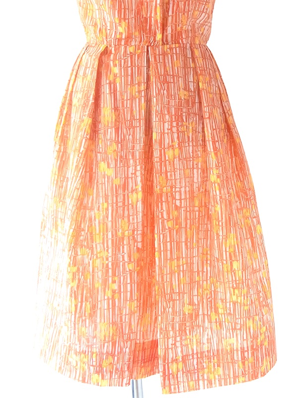 ヨーロッパ古着 70年代フランス製 オレンジ X レッド レトロ柄 ボウタイ プリーツ ワンピース 20FC010