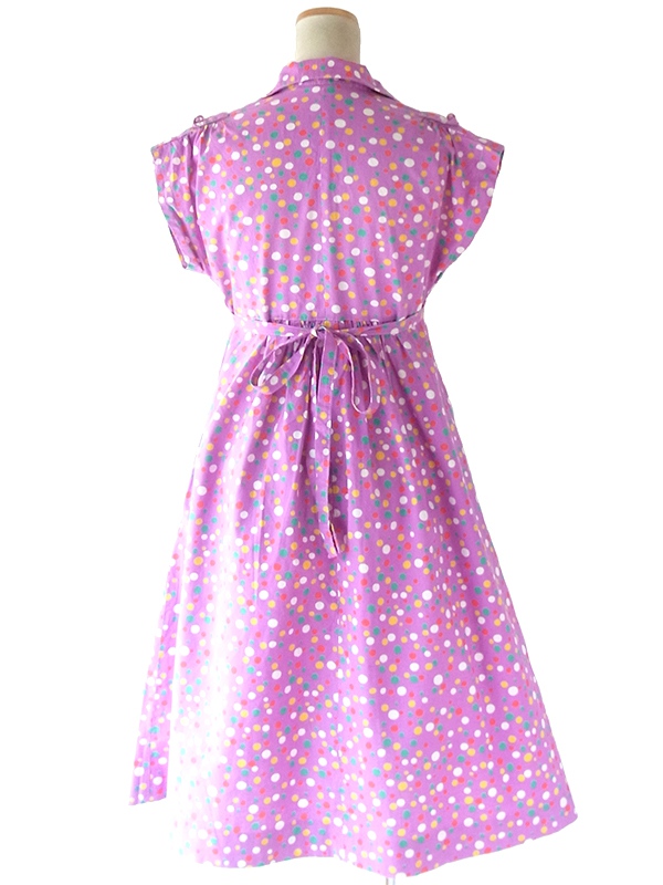 ヨーロッパ古着 フランス買い付け 60年代製 パープル X カラフル 水玉 固定共布ベルト付き ワンピース 20FC015