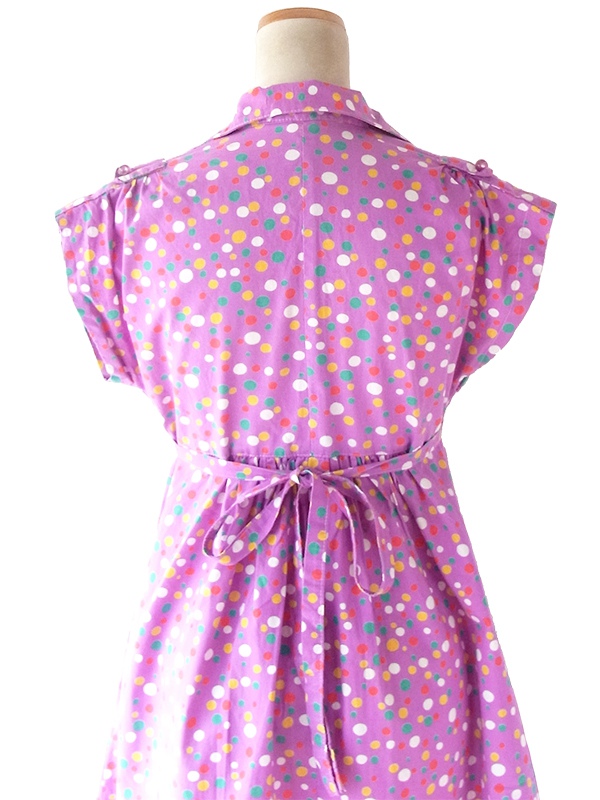 ヨーロッパ古着 フランス買い付け 60年代製 パープル X カラフル 水玉 固定共布ベルト付き ワンピース 20FC015
