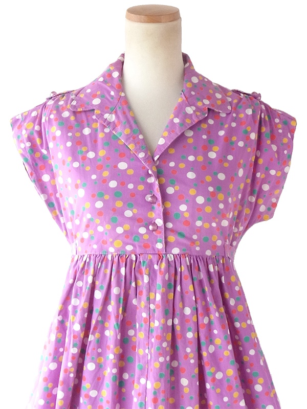 ヨーロッパ古着 フランス買い付け 60年代製 パープル X カラフル 水玉 固定共布ベルト付き ワンピース 20FC015