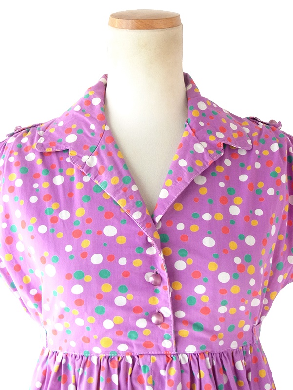 ヨーロッパ古着 フランス買い付け 60年代製 パープル X カラフル 水玉 固定共布ベルト付き ワンピース 20FC015