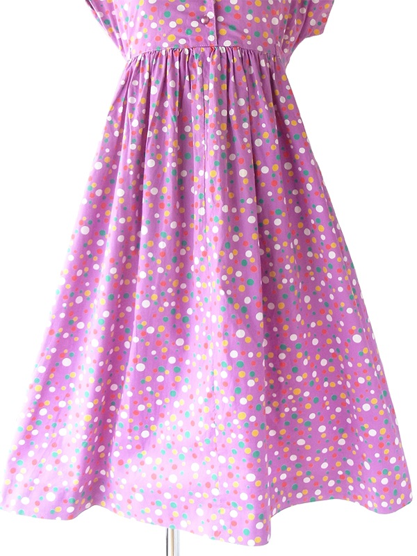 ヨーロッパ古着 フランス買い付け 60年代製 パープル X カラフル 水玉 固定共布ベルト付き ワンピース 20FC015