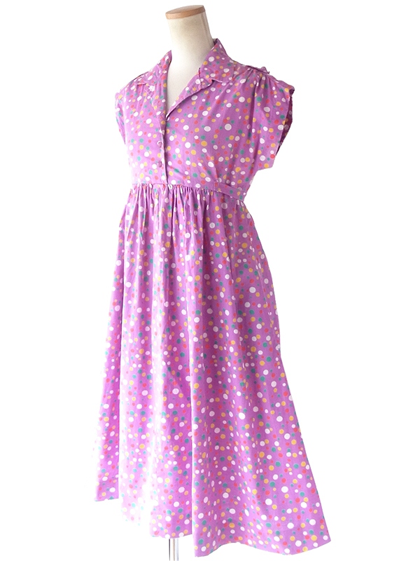 ヨーロッパ古着 フランス買い付け 60年代製 パープル X カラフル 水玉 固定共布ベルト付き ワンピース 20FC015