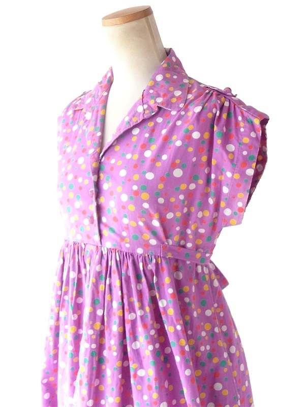 ヨーロッパ古着 フランス買い付け 60年代製 パープル X カラフル 水玉 固定共布ベルト付き ワンピース 20FC015