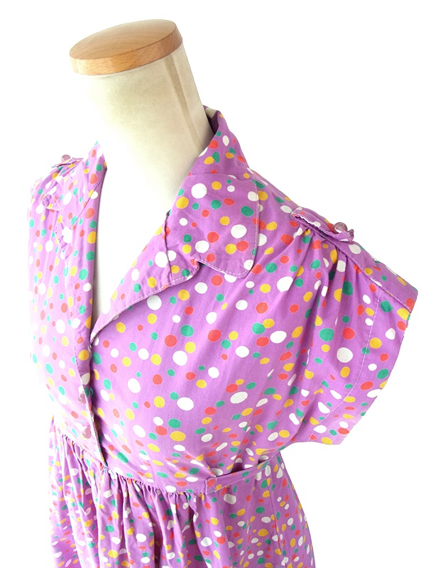 ヨーロッパ古着 フランス買い付け 60年代製 パープル X カラフル 水玉 固定共布ベルト付き ワンピース 20FC015