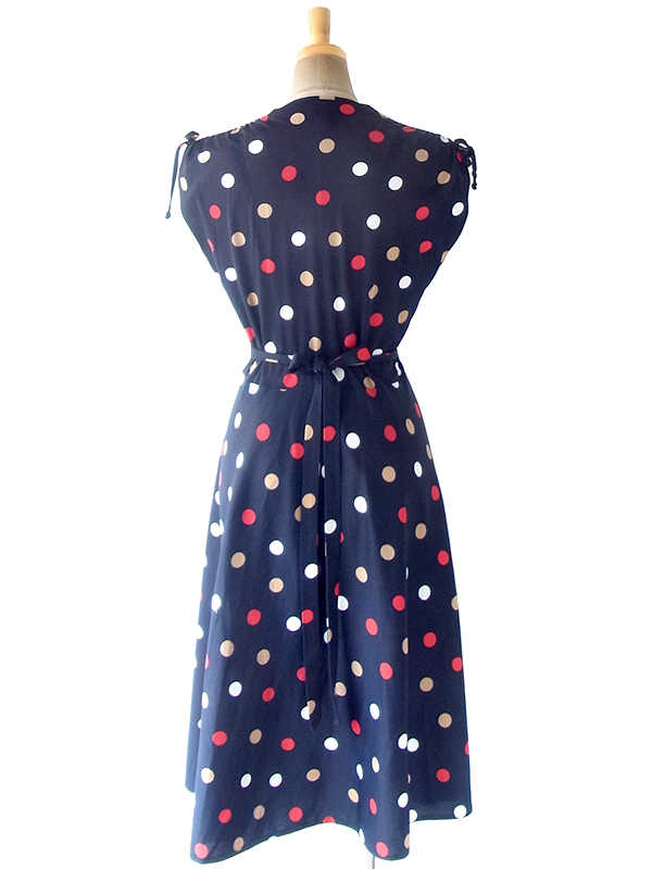 【ヨーロッパ古着】フランス買い付け 70年代製 ネイビー X レッド・ホワイト・ゴールド 水玉 巻きワンピース 20FC017【おとなかわいい】