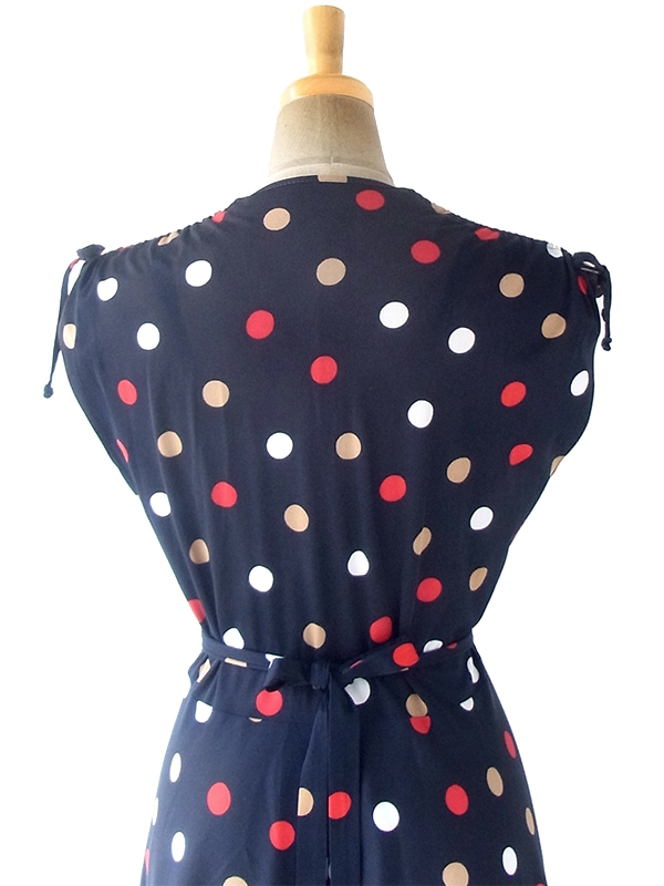 【ヨーロッパ古着】フランス買い付け 70年代製 ネイビー X レッド・ホワイト・ゴールド 水玉 巻きワンピース 20FC017【おとなかわいい】