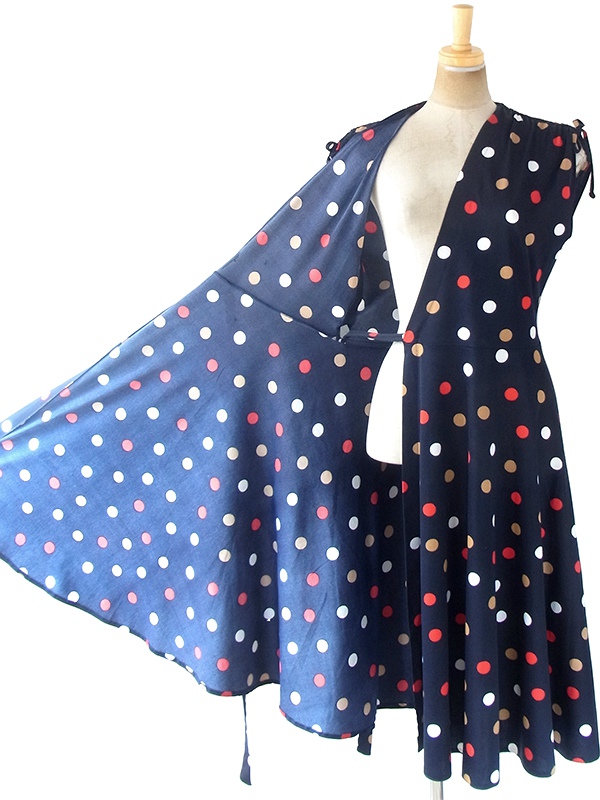 【ヨーロッパ古着】フランス買い付け 70年代製 ネイビー X レッド・ホワイト・ゴールド 水玉 巻きワンピース 20FC017【おとなかわいい】