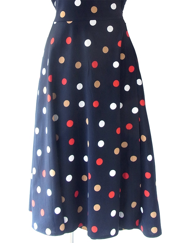 【ヨーロッパ古着】フランス買い付け 70年代製 ネイビー X レッド・ホワイト・ゴールド 水玉 巻きワンピース 20FC017【おとなかわいい】