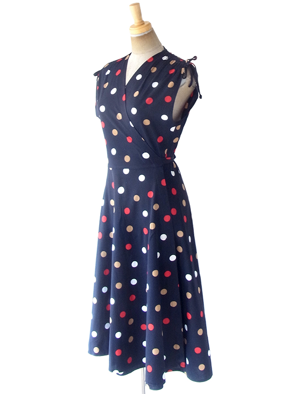 【ヨーロッパ古着】フランス買い付け 70年代製 ネイビー X レッド・ホワイト・ゴールド 水玉 巻きワンピース 20FC017【おとなかわいい】
