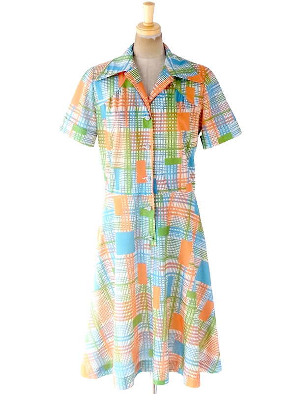 ヨーロッパ古着 フランス買い付け 70年代製 ホワイト X オレンジ・水色・グリーン チェック・スクエア柄 ワンピース 20FC200