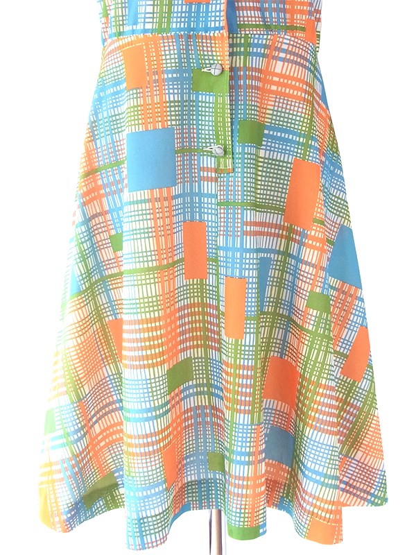 ヨーロッパ古着 フランス買い付け 70年代製 ホワイト X オレンジ・水色・グリーン チェック・スクエア柄 ワンピース 20FC200