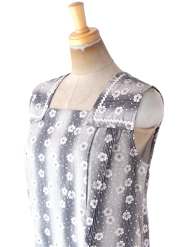 ヨーロッパ古着 フランス買い付け 60年代製 モノトーン X 花柄・ストライプ 山道テープ ポケット付き ヴィンテージ ワンピース 20FC202