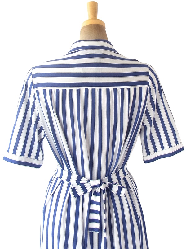 ヨーロッパ古着 60年代フランス製 ブルー X ホワイト ストライプ 共布ベルト付き ヴィンテージ ワンピース 20FC216