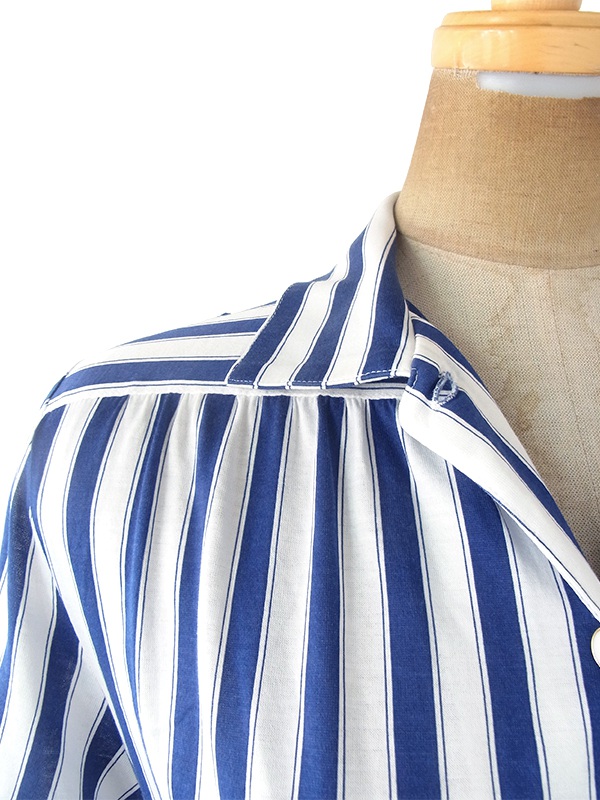 ヨーロッパ古着 60年代フランス製 ブルー X ホワイト ストライプ 共布ベルト付き ヴィンテージ ワンピース 20FC216