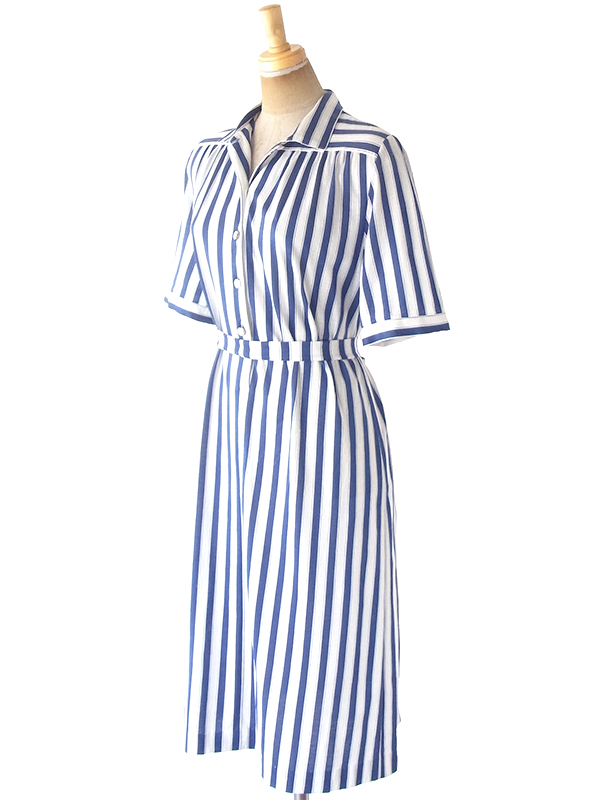 ヨーロッパ古着 60年代フランス製 ブルー X ホワイト ストライプ 共布ベルト付き ヴィンテージ ワンピース 20FC216