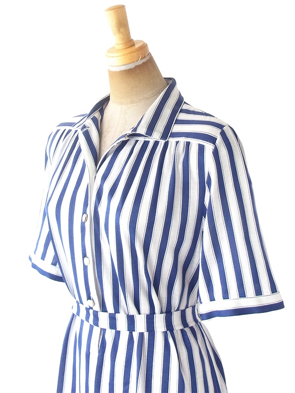 ヨーロッパ古着 60年代フランス製 ブルー X ホワイト ストライプ 共布ベルト付き ヴィンテージ ワンピース 20FC216