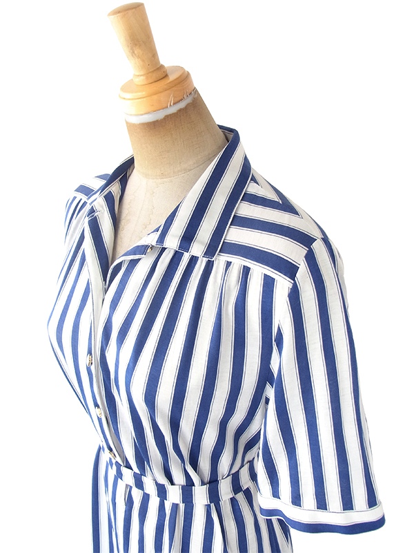 ヨーロッパ古着 60年代フランス製 ブルー X ホワイト ストライプ 共布ベルト付き ヴィンテージ ワンピース 20FC216