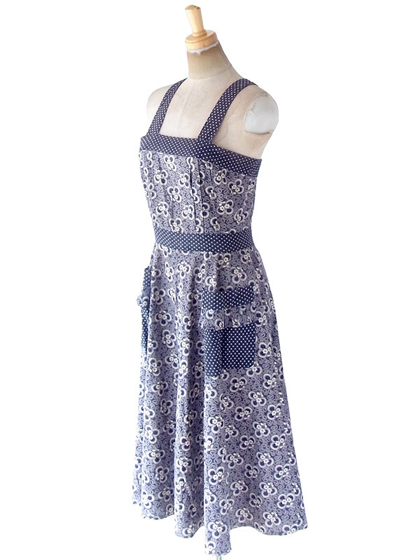 ヨーロッパ古着 60年代フランス製 ネイビー X ホワイト 花柄・水玉 ヴィンテージ ストラップ ワンピース 20FC224