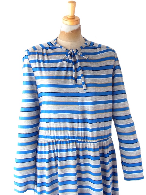 ヨーロッパ古着 フランス買い付け 60年代製 グレイ X ブルー・イエロー ボーダー ヴィンテージ ワンピース 20FC302