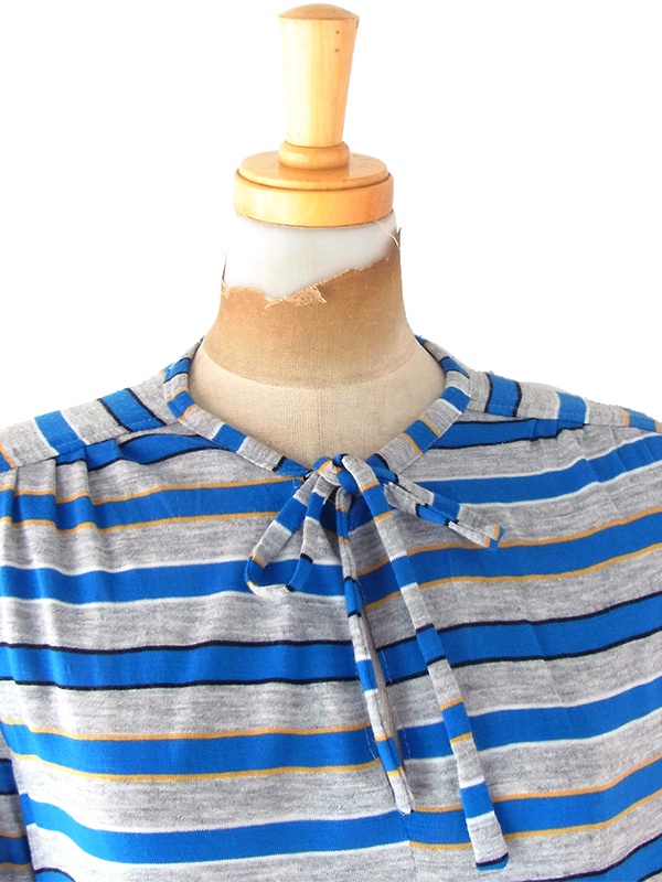 ヨーロッパ古着 フランス買い付け 60年代製 グレイ X ブルー・イエロー ボーダー ヴィンテージ ワンピース 20FC302