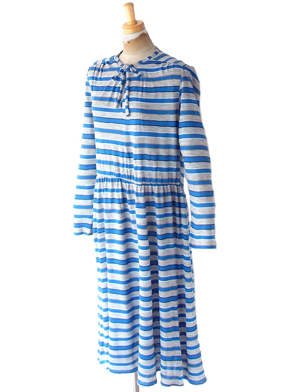 ヨーロッパ古着 フランス買い付け 60年代製 グレイ X ブルー・イエロー ボーダー ヴィンテージ ワンピース 20FC302