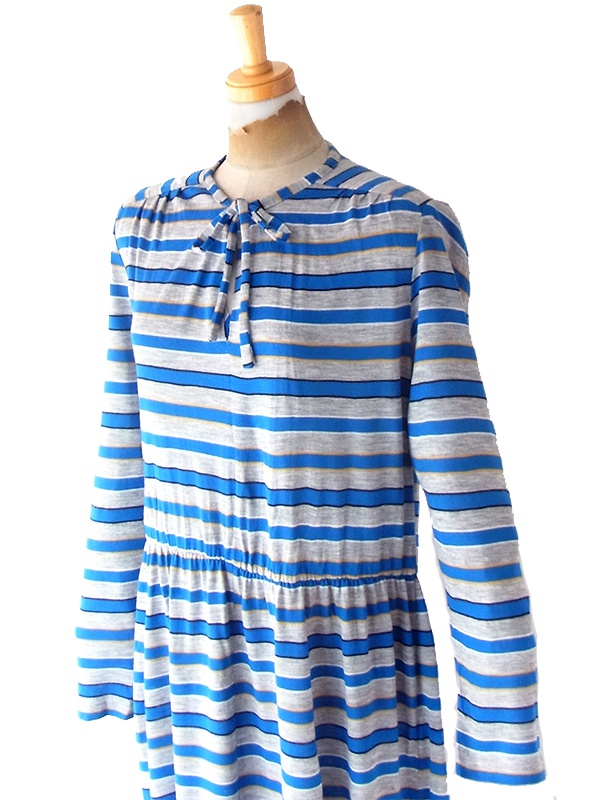 ヨーロッパ古着 フランス買い付け 60年代製 グレイ X ブルー・イエロー ボーダー ヴィンテージ ワンピース 20FC302