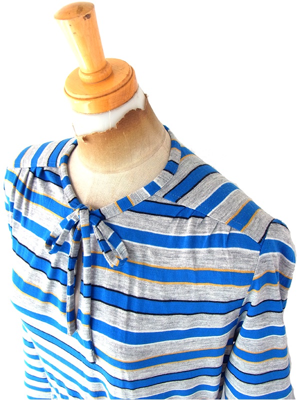 ヨーロッパ古着 フランス買い付け 60年代製 グレイ X ブルー・イエロー ボーダー ヴィンテージ ワンピース 20FC302